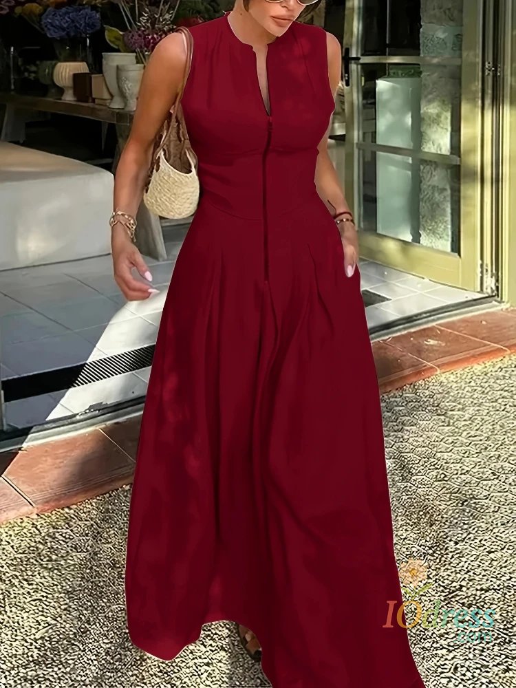 IO Dress Summer New Office Ladies Party Robes Fashion Sleeveless Solid High Waist Zipper Maxi Dress Women Elegant O Neck Loose Dresses IO Dress