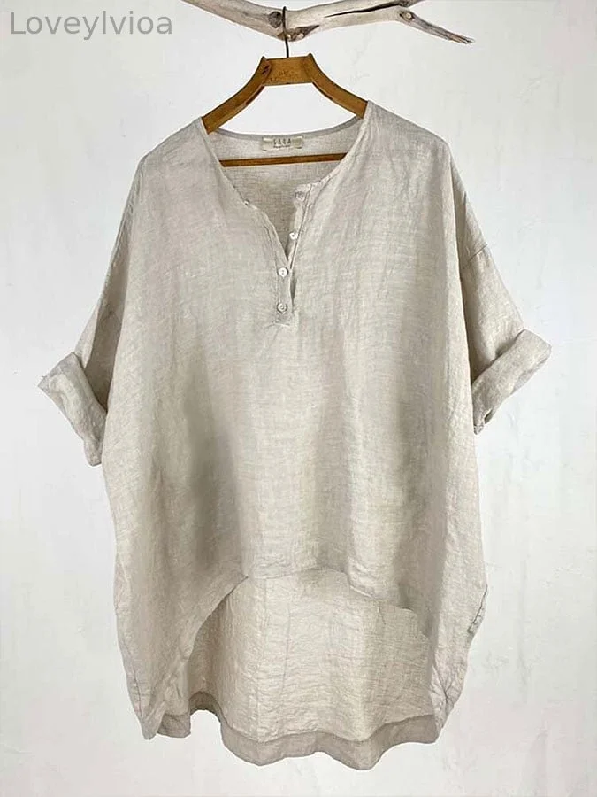Women's solid color cotton and linen casual shirt