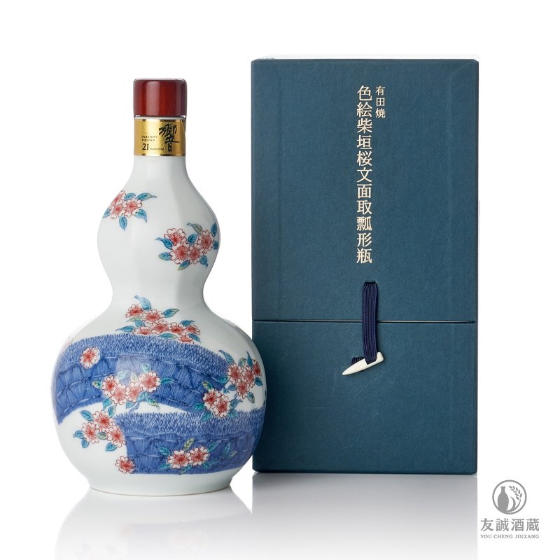 響Hibiki 21年有田燒色絵柴垣桜文面取瓢形瓶威士忌 友誠酒藏