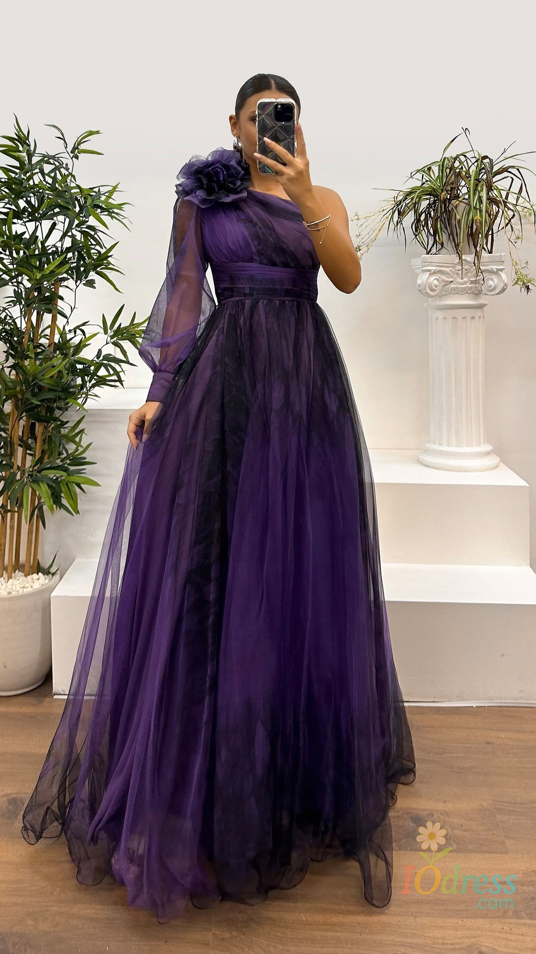 IO Dress New One Shoulder Sleeve Pleats Bridesmaid Dress Vintage Pattern Printed High Waist Long Dress Sexy Asymmetric Mesh Evening Dress