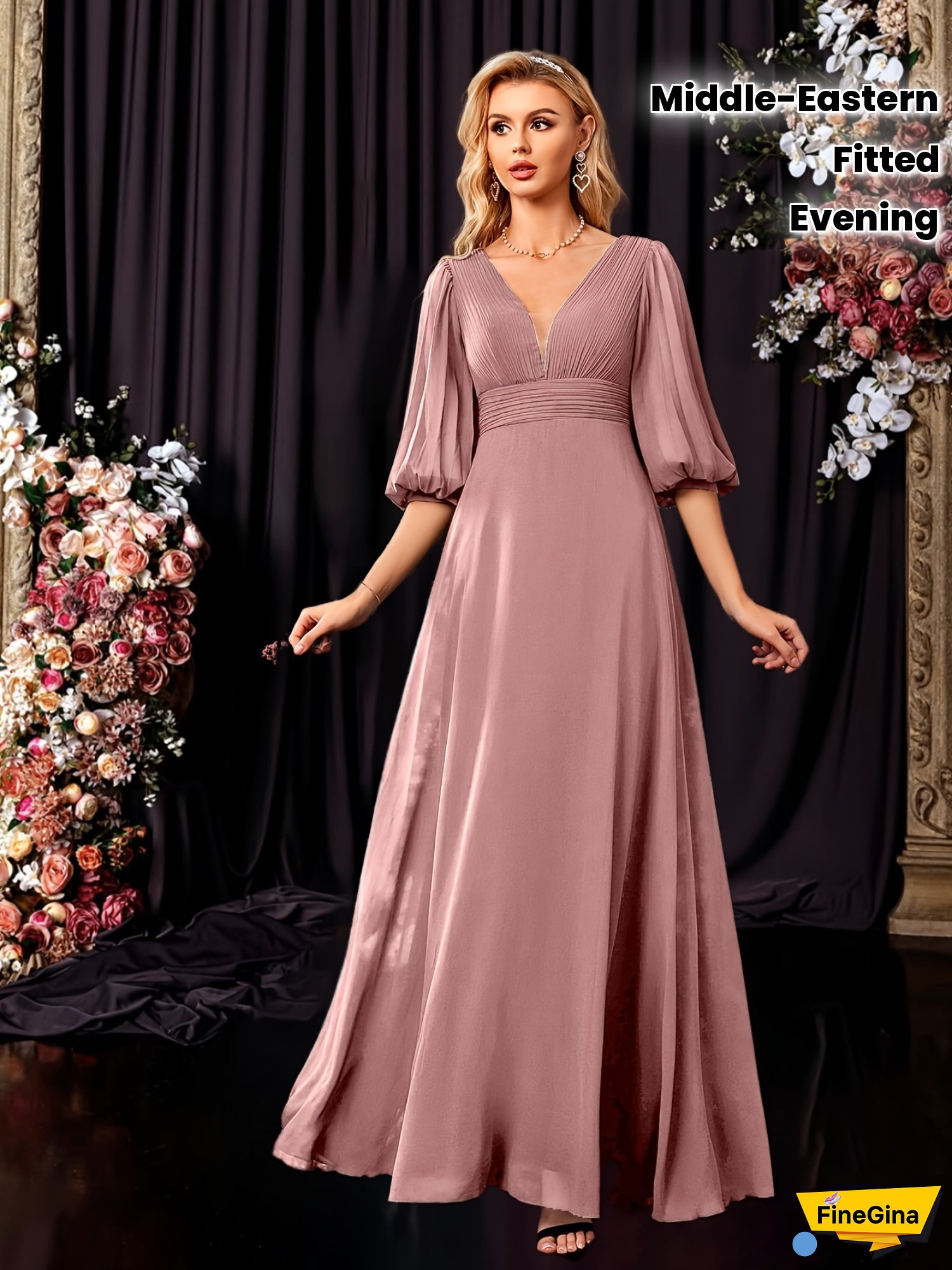 Elegant V-Neck Lantern Sleeve Pleated Waist Large Skirt Evening Gown Dress