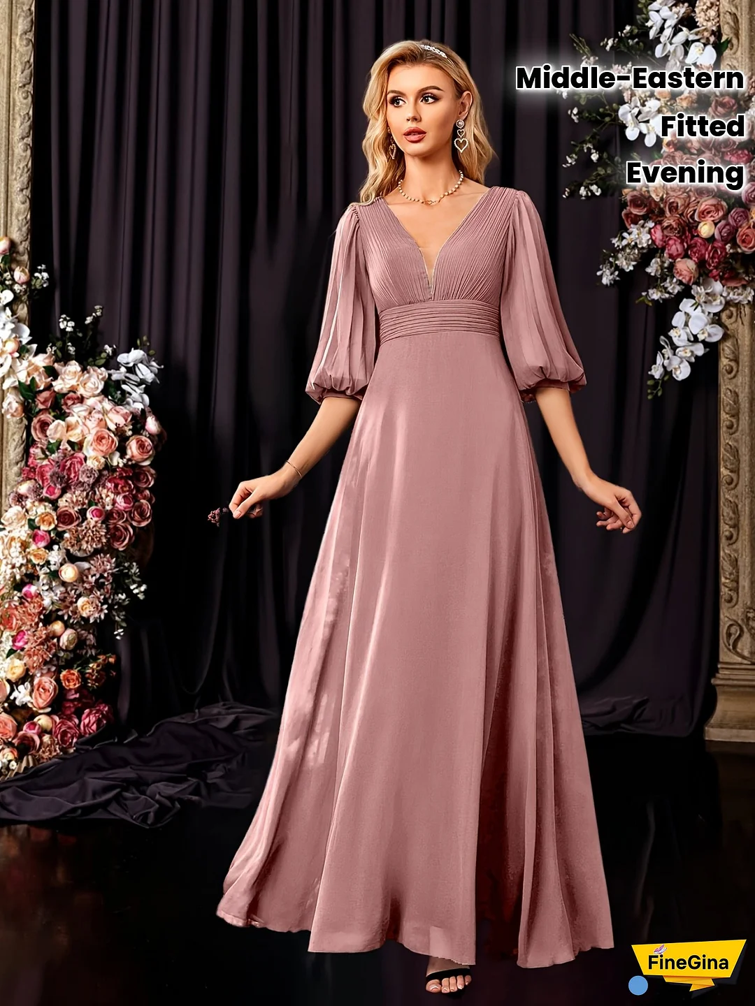 Elegant V-Neck Lantern Sleeve Pleated Waist Large Skirt Evening Gown Dress