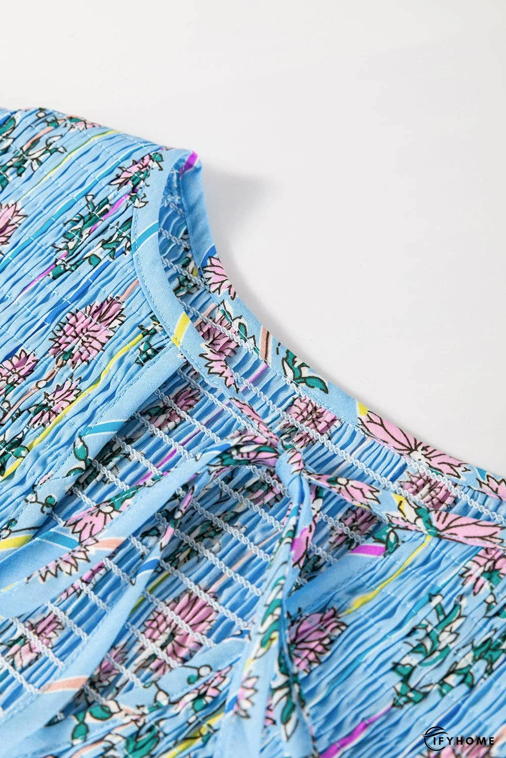 Smocked Floral Print Tie Neck Blouse | IFYHOME