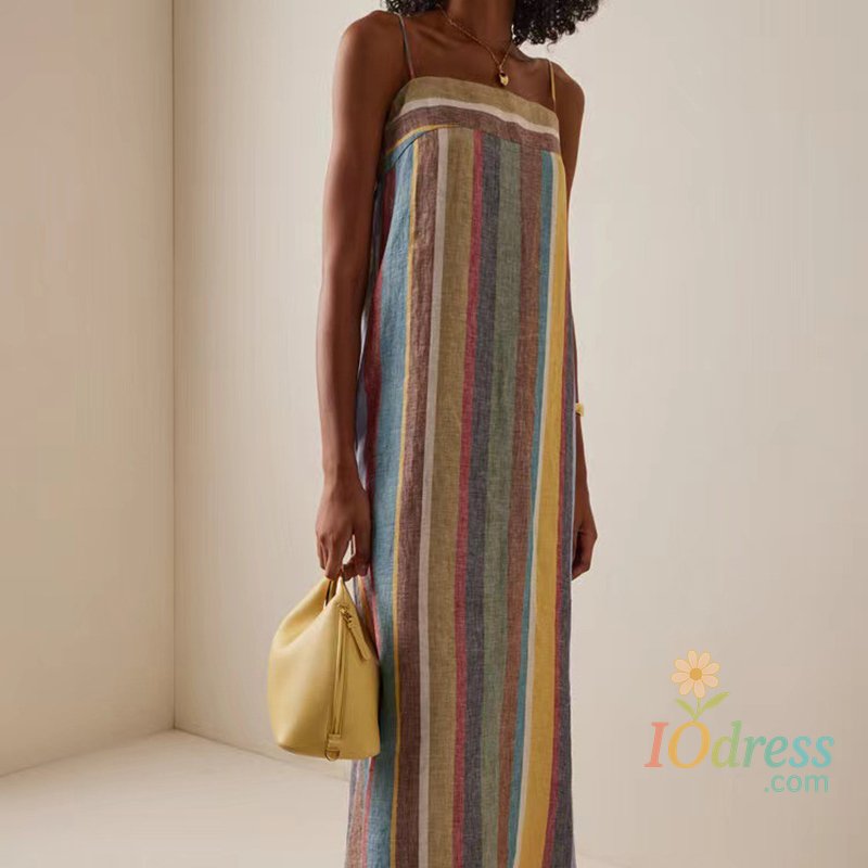 IO Dress Fashion Lady Sexy strap Backless Boho Long Dress Summer New Slash Neck Midi Sundress Casual Striped Printed Maxi Dress for Women IO Dress