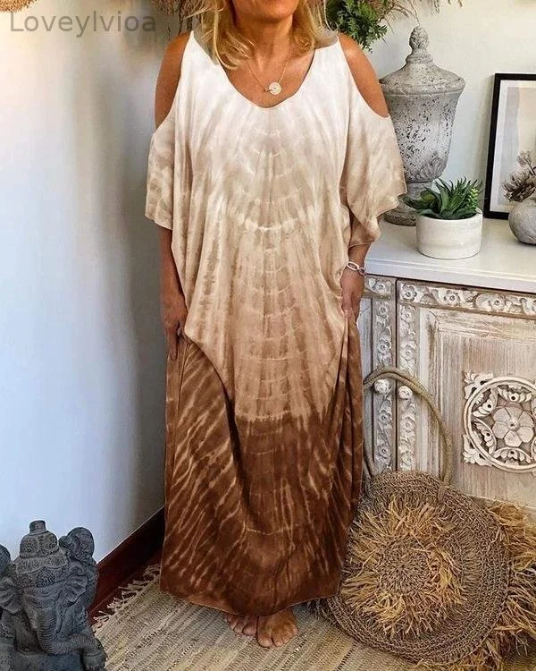 Gradient Tie-dye Cold Shoulder Loose Long Dress