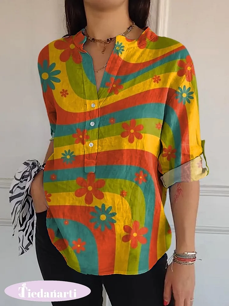 Retro Groovy Daisy Floral Pattern Printed Women's  Print Casual Long Sleeve Comfortable Cotton Shirt