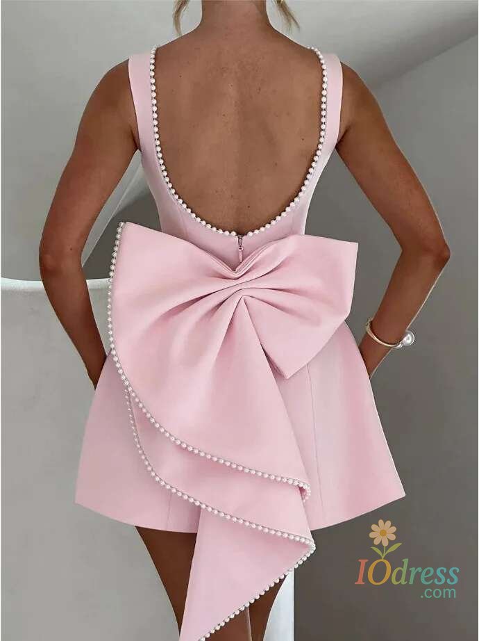 IO Dress Elegant Pearl Bow Backless Sexy Mini Dress Women's Luxury Party Short Dresses White Black Pink Birthday Evening Wedding P4ZQ