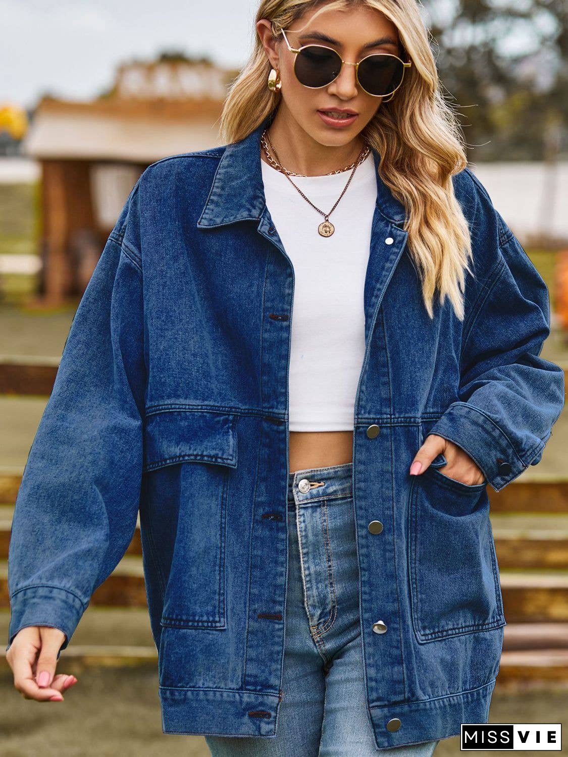 Dropped Shoulder Denim Jacket with Pockets