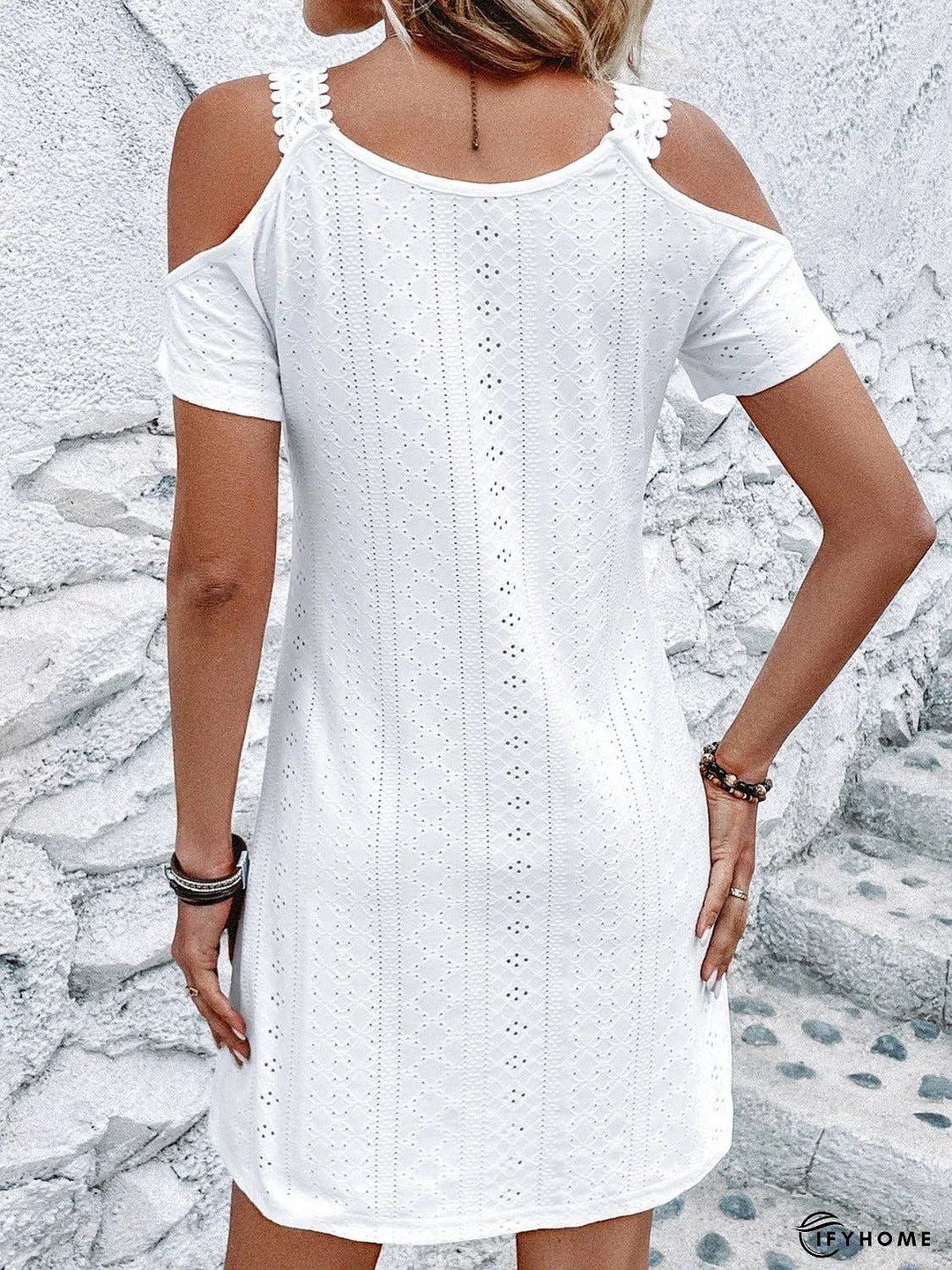 Eyelet V-Neck Cold Shoulder Mini Dress | IFYHOME