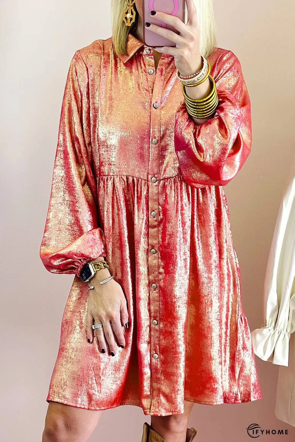 Metallic Sheen Puff Sleeve Mini Shirt Dress | IFYHOME