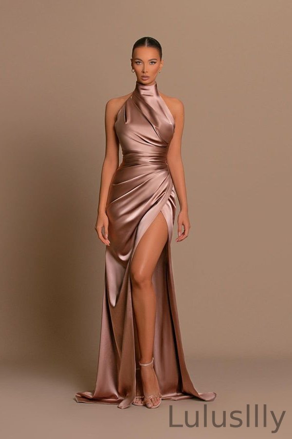 Beautiful High Neck Sleeveless Evening Dress Mermaid Slit Long With Pleats - lulusllly