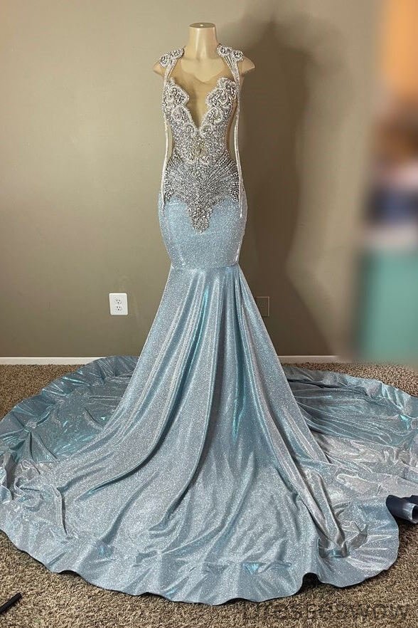 Dresseswow Silver Sleeveless Scoop Mermaid Evening Gowns With Beadings Tassels