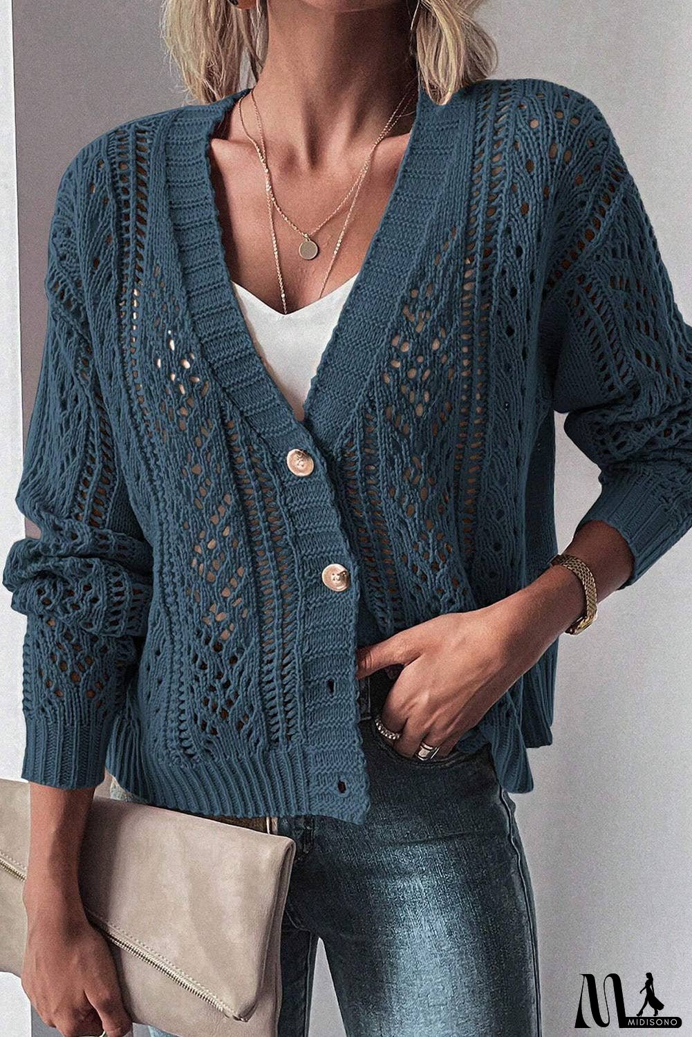 Open Knit Drop Shoulder Sweater Cardigan