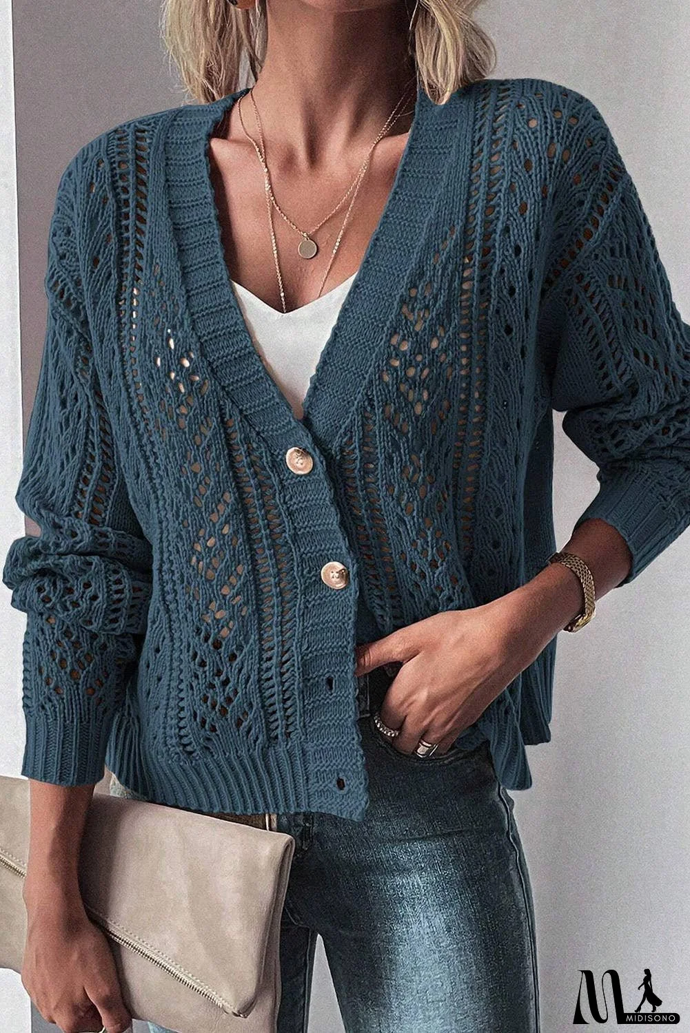 Open Knit Drop Shoulder Sweater Cardigan