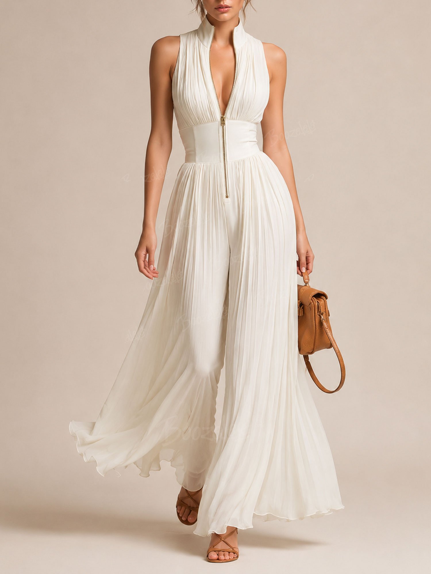 Perfect for a Luxury Cruise Getaway &mdash; 2026 Spring Summer Women's Ivory White Pleated Wide-Leg Jumpsuit