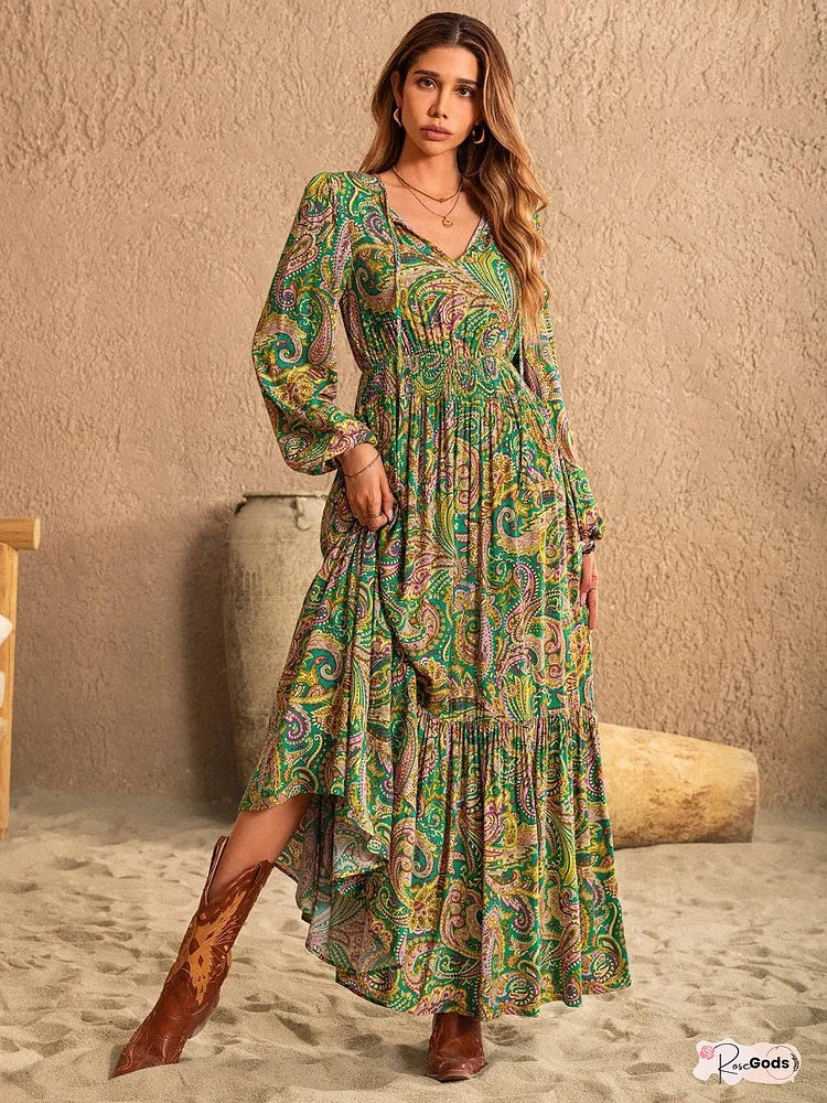Printed Tie Neck Long Sleeve Dress
