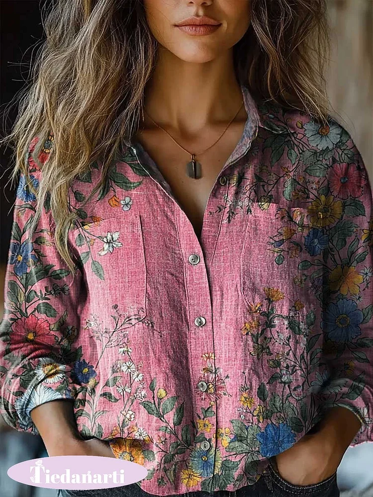 Women's Floral Art Print Casual Long Sleeve Comfortable Cotton Shirt
