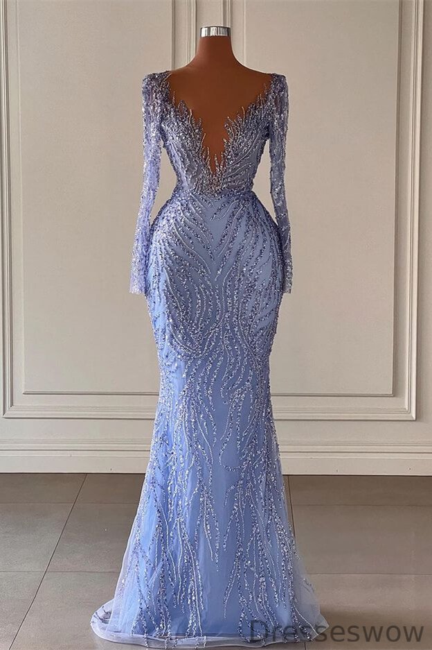 Dresseswow Long Sleeves Mermaid Evening Dress Beadings V-Neck Sheer