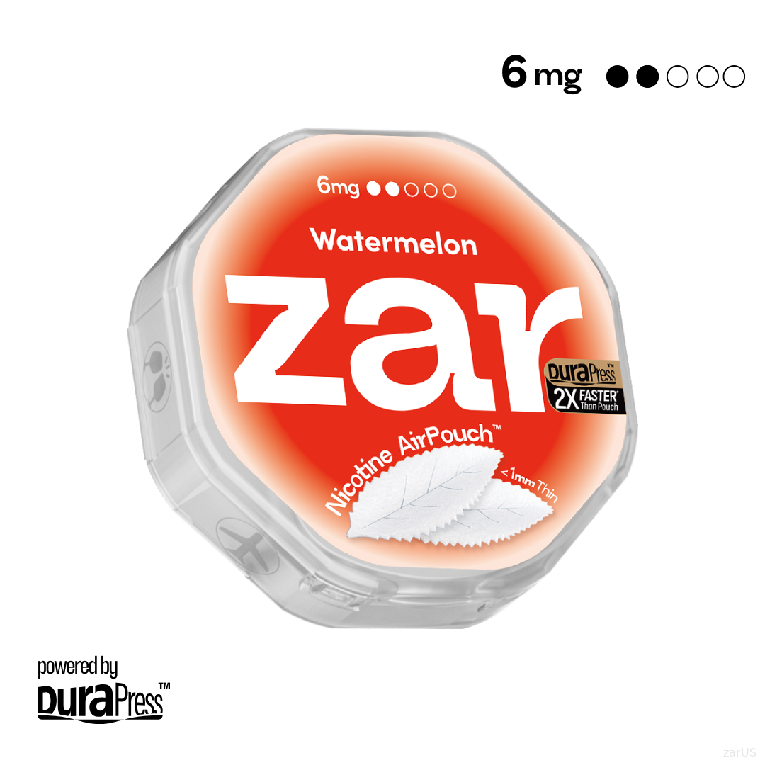US Experience zar Oral Nicotine AirPouch Watermelon Flavor Fruit Flavour 6mg nicotine strengths 20 pcs per can Price USD 4.9 10% discount sitewide Pure nicotine derived from organic sources zar pouches nicotine strip snus nicotine pouch dosh pouch