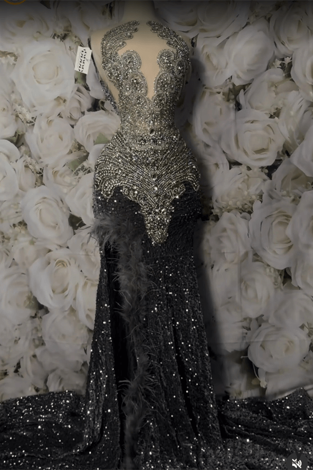 Luluslly Dark Grey Scoop Sleeveless Mermaid Prom Dresses With Split Sequins Beadings Feathers