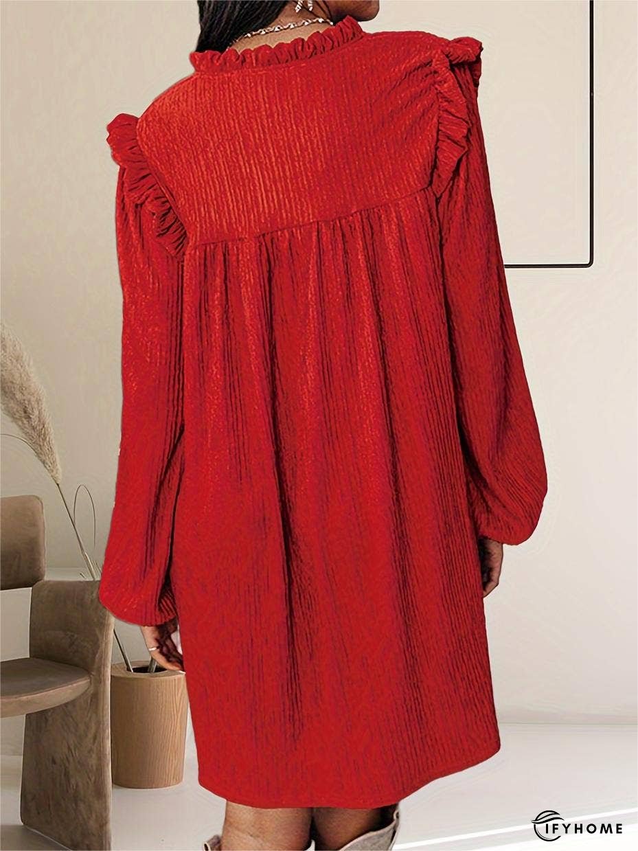 Textured Ruffled Trim V Neck Loose Fit Mini Dress | IFYHOME