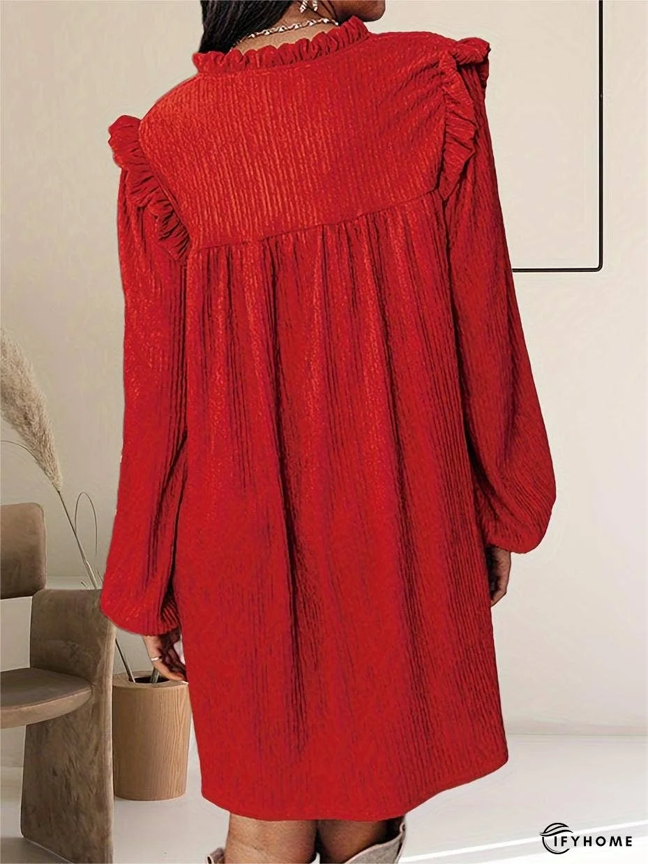 Textured Ruffled Trim V Neck Loose Fit Mini Dress | IFYHOME