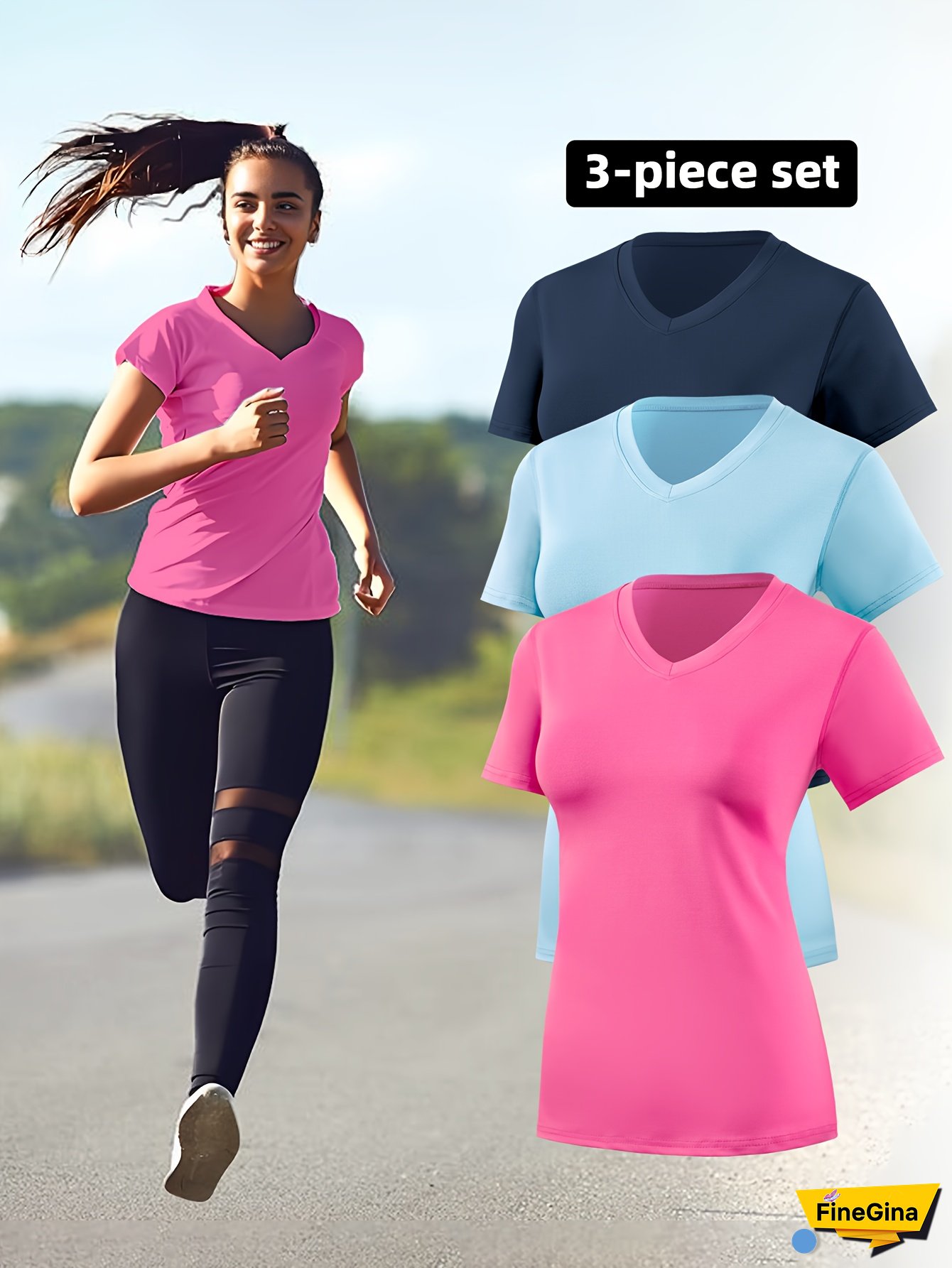 3pcs Women's Quick-Dry Athletic T-Shirt Set - V-Neck Short Sleeve Tops For Running, Yoga & Fitness, Breathable Moisture-Wicking Fabric, Light Blue & Gray, Summer Workout Apparel, Workout Clothes, Sleek Sporty Design, Moisturewicking
