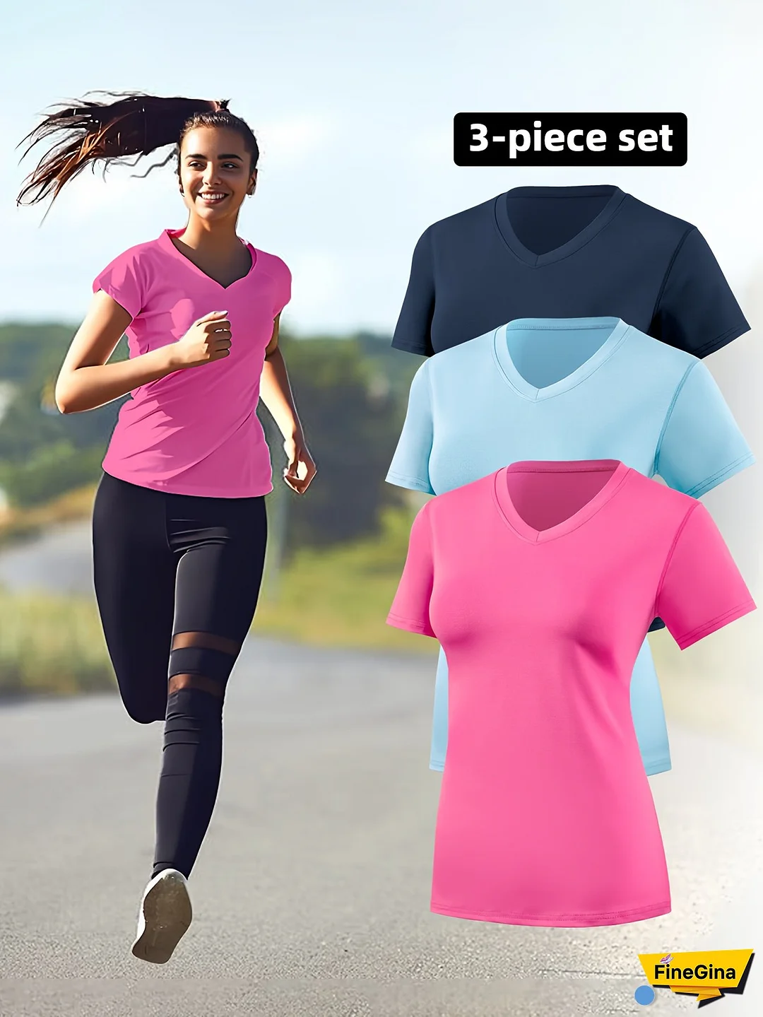 3pcs Women's Quick-Dry Athletic T-Shirt Set - V-Neck Short Sleeve Tops For Running, Yoga & Fitness, Breathable Moisture-Wicking Fabric, Light Blue & Gray, Summer Workout Apparel, Workout Clothes, Sleek Sporty Design, Moisturewicking