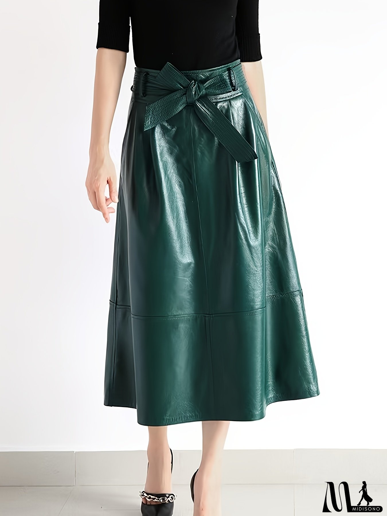 [Polyester, Green Midi Skirt] Polyester Women's High-Quality Green Midi Skirt with Adjustable Belt - Elegant Wrap Design, Flared Hem, Perfect for Office or Casual Wear, Retro Style