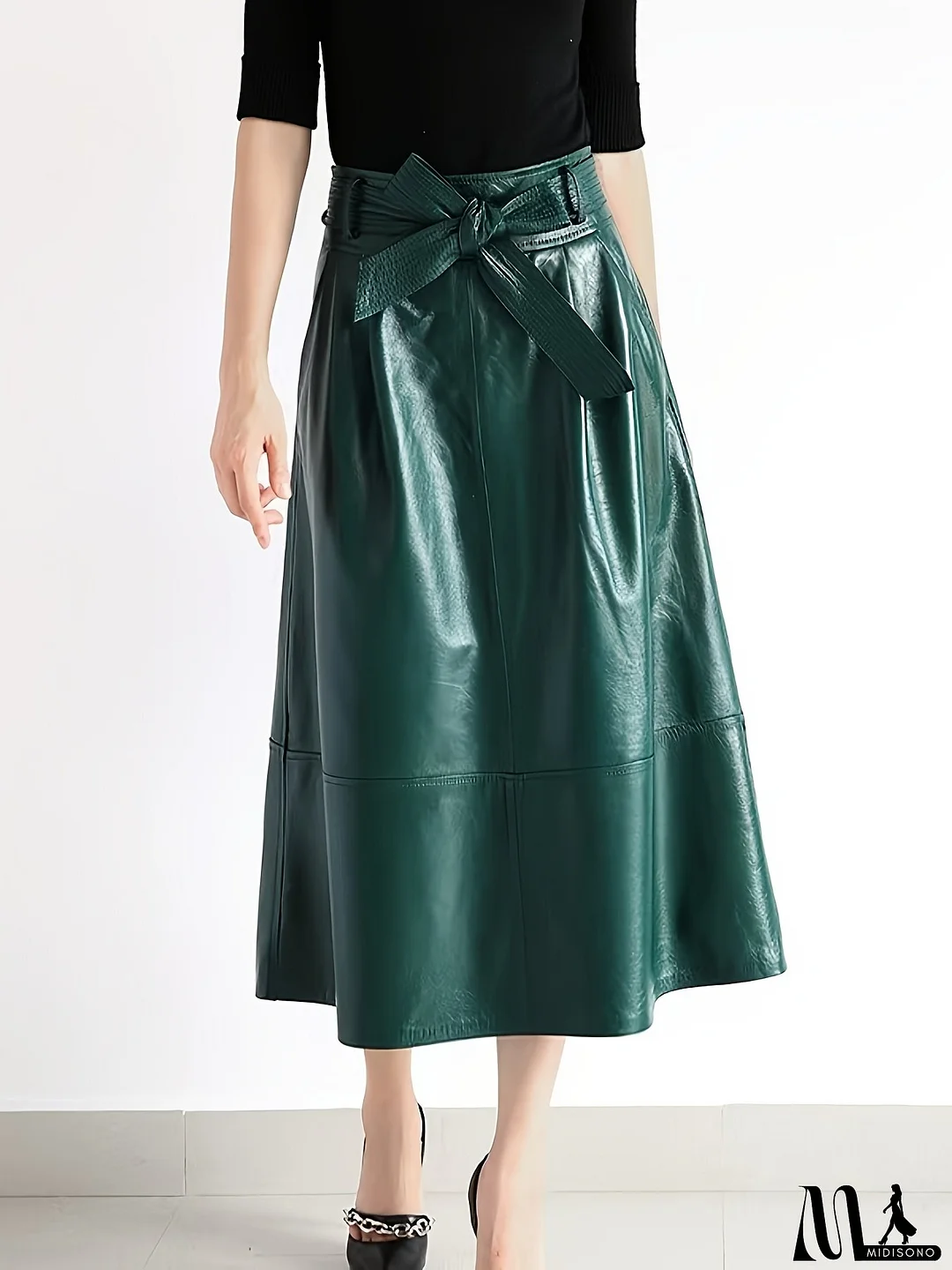 [Polyester, Green Midi Skirt] Polyester Women's High-Quality Green Midi Skirt with Adjustable Belt - Elegant Wrap Design, Flared Hem, Perfect for Office or Casual Wear, Retro Style