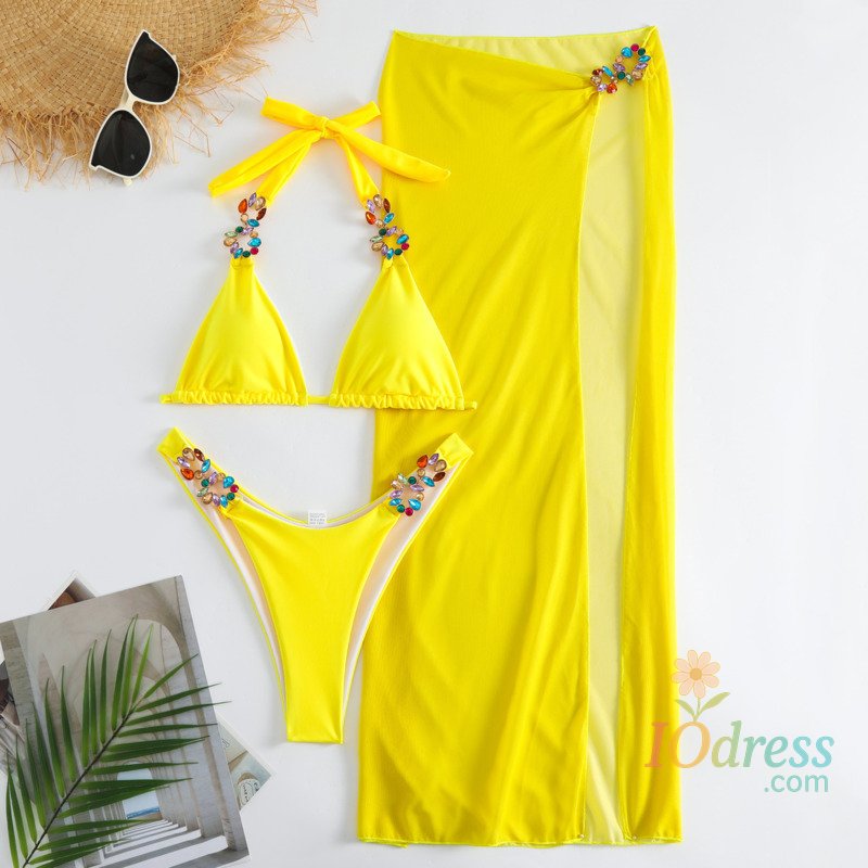 IO Dress Yellow Sexy Rhinestones Bikinis 2025 Women Swimwear Female Swimsuit Swimming Bathing Suits Brazilian Bikini Set Beachwear Bather