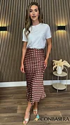 Rhea Brown Polka Dot Satin Midi Skirt