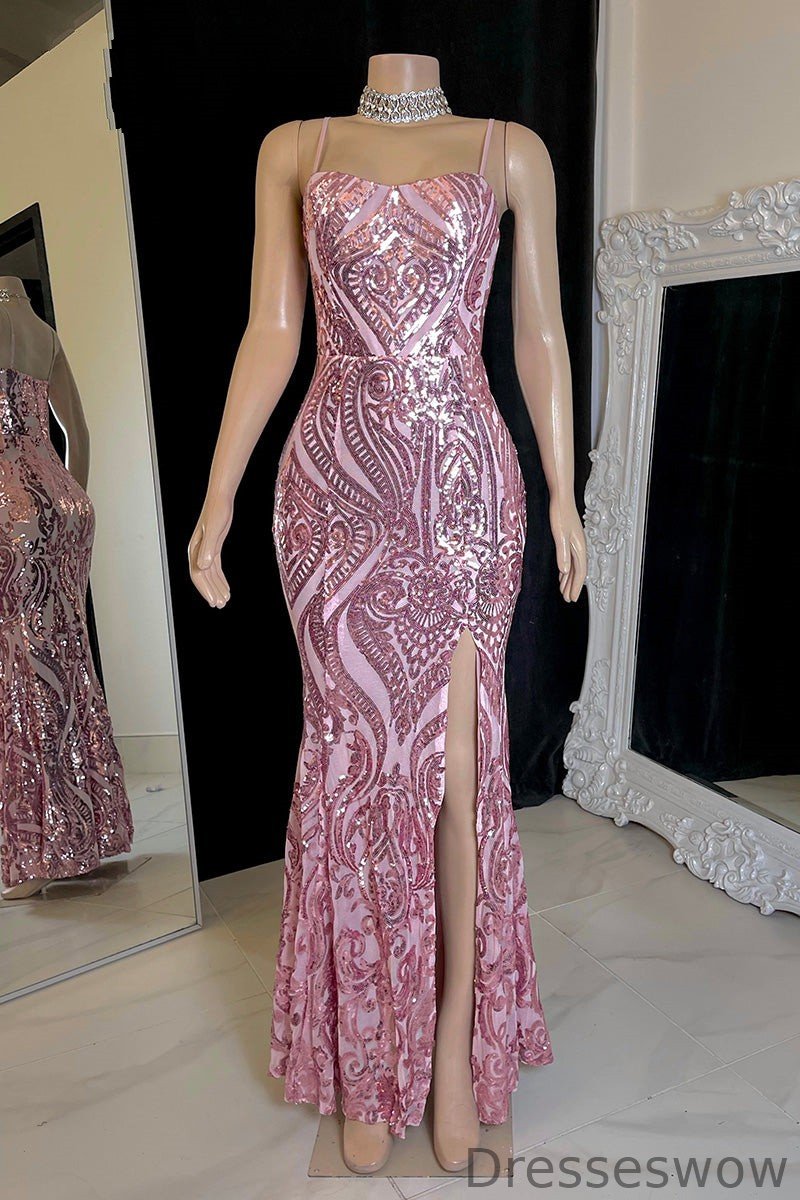 Dresseswow Spaghetti-Straps Sequins Prom Dress Mermaid Slit Sleeveless
