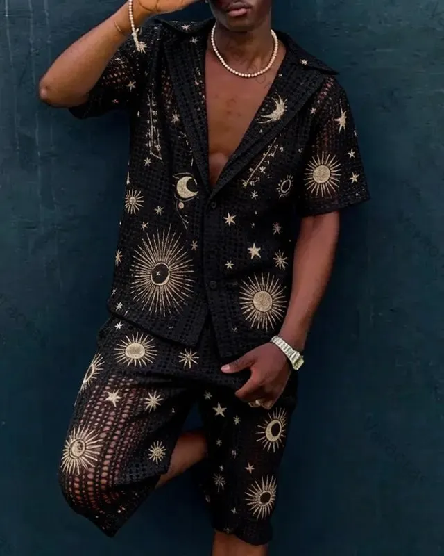 Men's Summer Outdoor Fashion Hippie Star and Moon Embroidered Top and Shorts Two-Piece Set 5191