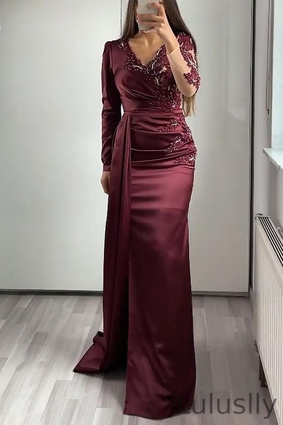 Luluslly Long Sleeves Mermaid Evening Dress Appliques Beadings With Ruffles