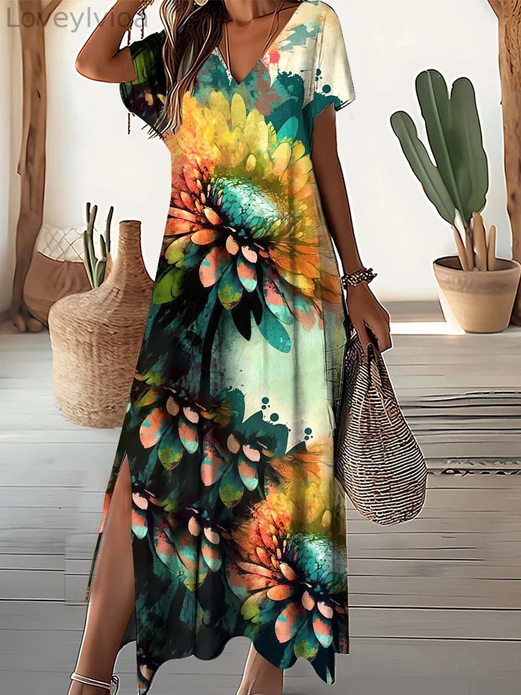 Women's Sunflower Pattern V-Neck Resort Dress