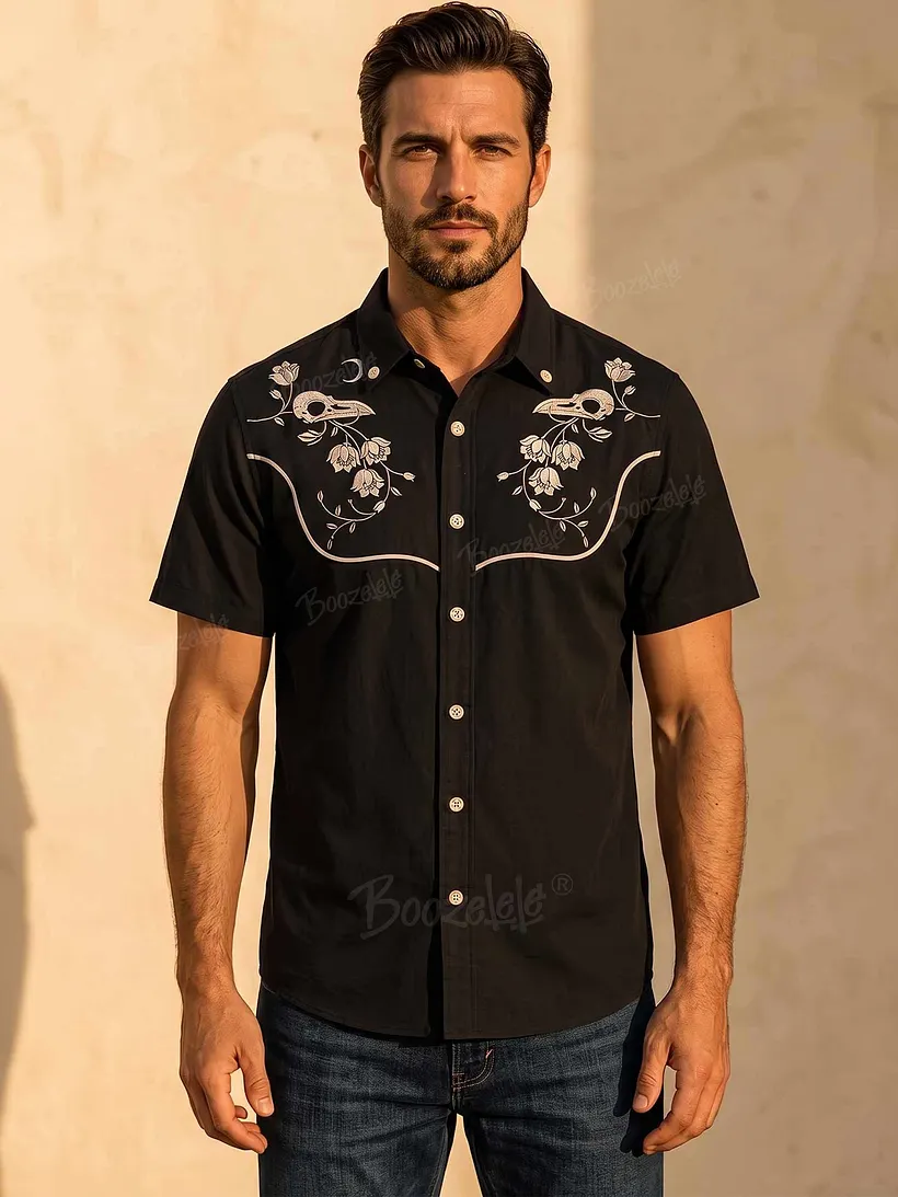 skull dress shirt Tropical Long Sleeve Multi / S Our vintage western style Scully Shirt boasts a cowboy fashion that is both easy and fun to wear Men's Skulls Blue Long Sleeve