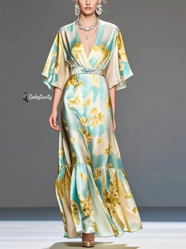 V-neck Silk Print Maxi Dress