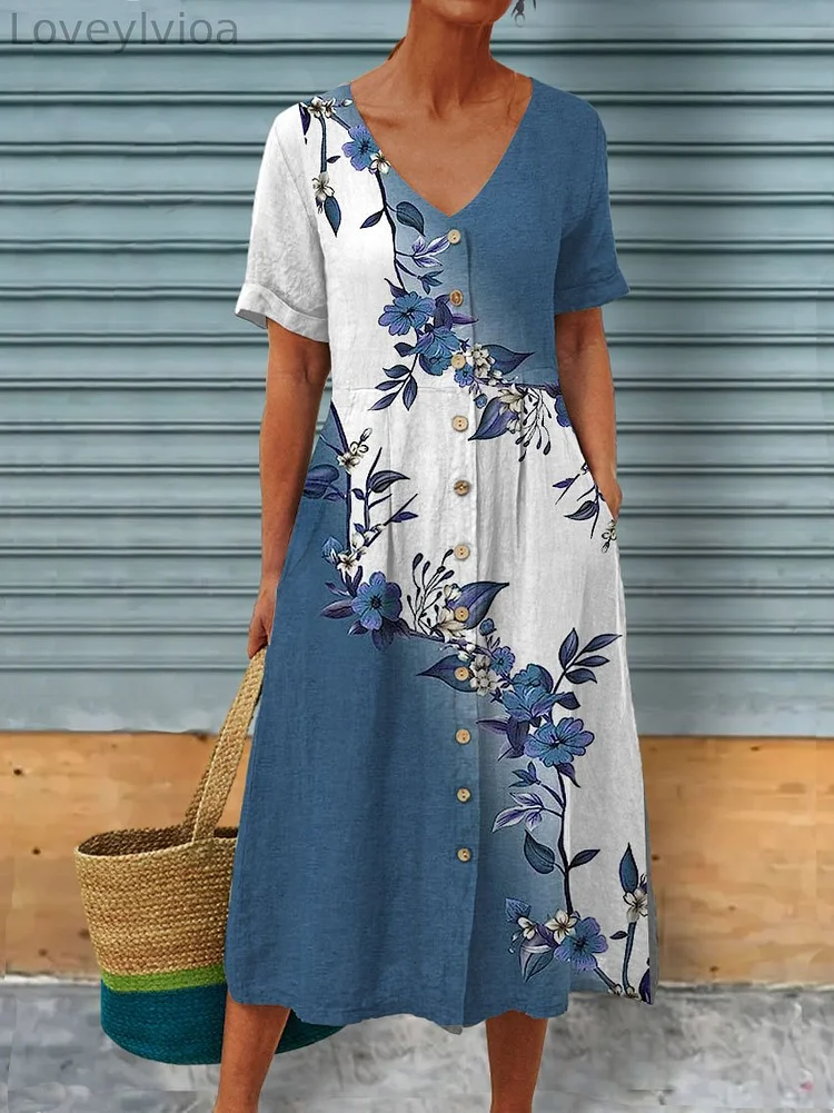 Flower Art Printed Women's Linen Pocket Tunic Dress