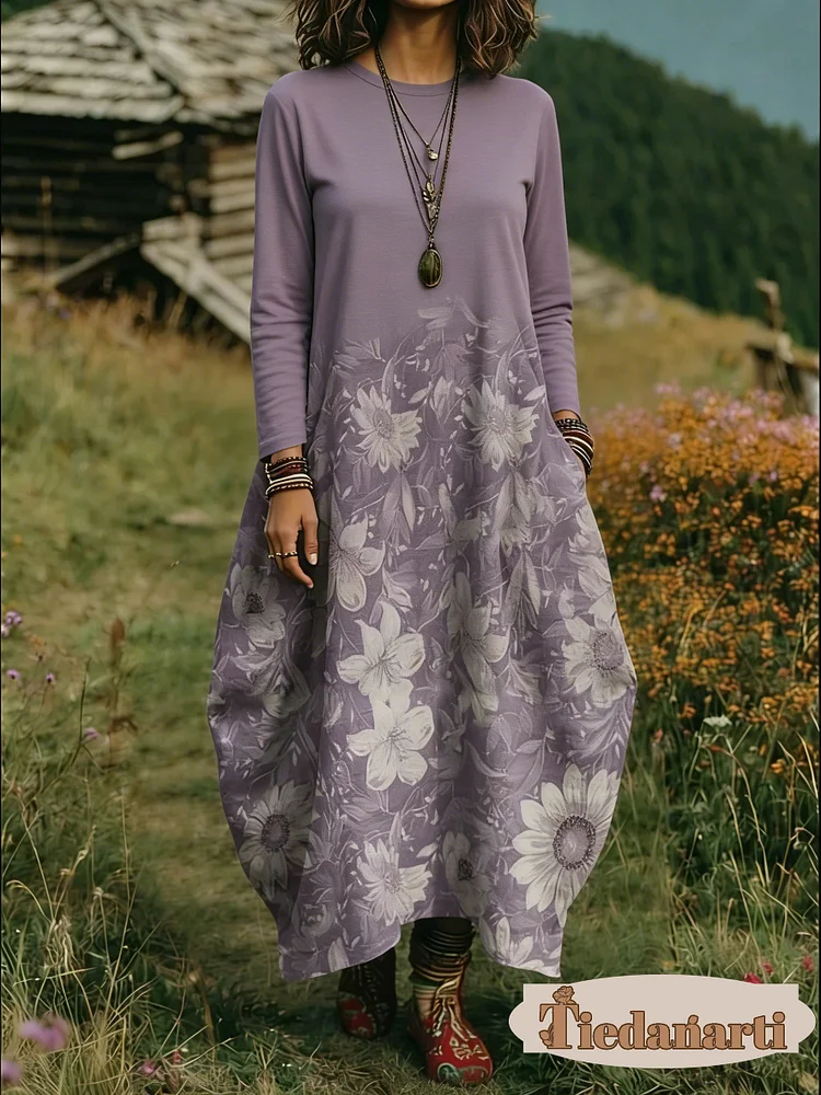 Women's Floral Print Crew Neck Long Sleeve Cotton Pocket Dress