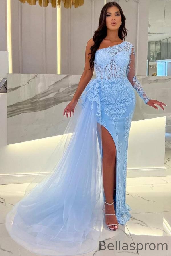 Bellasprom Sky Blue One Shoulder Long Sleeve Mermaid Prom Dress Lace Appliques With Split Ruffles Bellasprom
