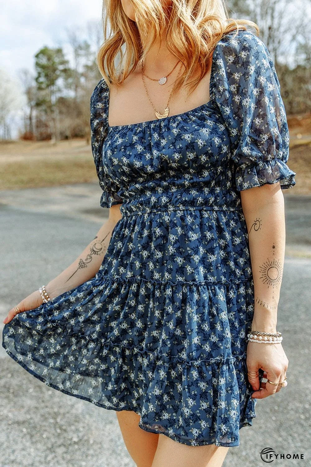 Printed Square Neck Short Sleeve Dress | IFYHOME