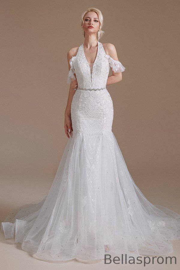 Bellasprom Modest Long Halter Tulle Wedding Dress Lace Appliques Mermaid Bellasprom