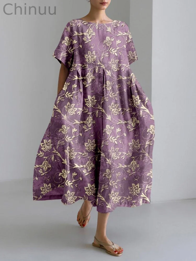 Vintage Floral Pattern Linen Blend Cozy Maxi Dress