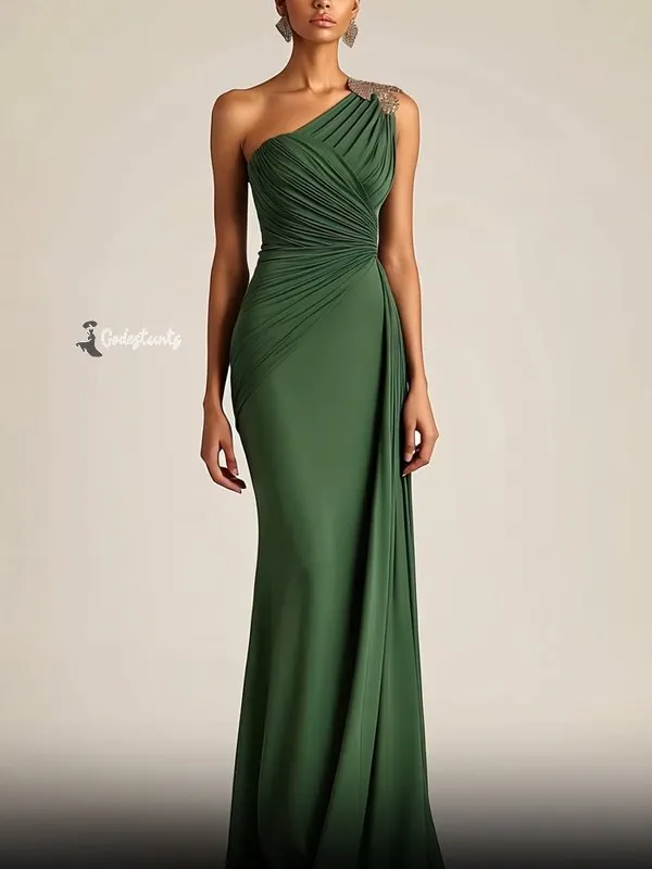One-Shoulder Ruched Floor-Length Dress