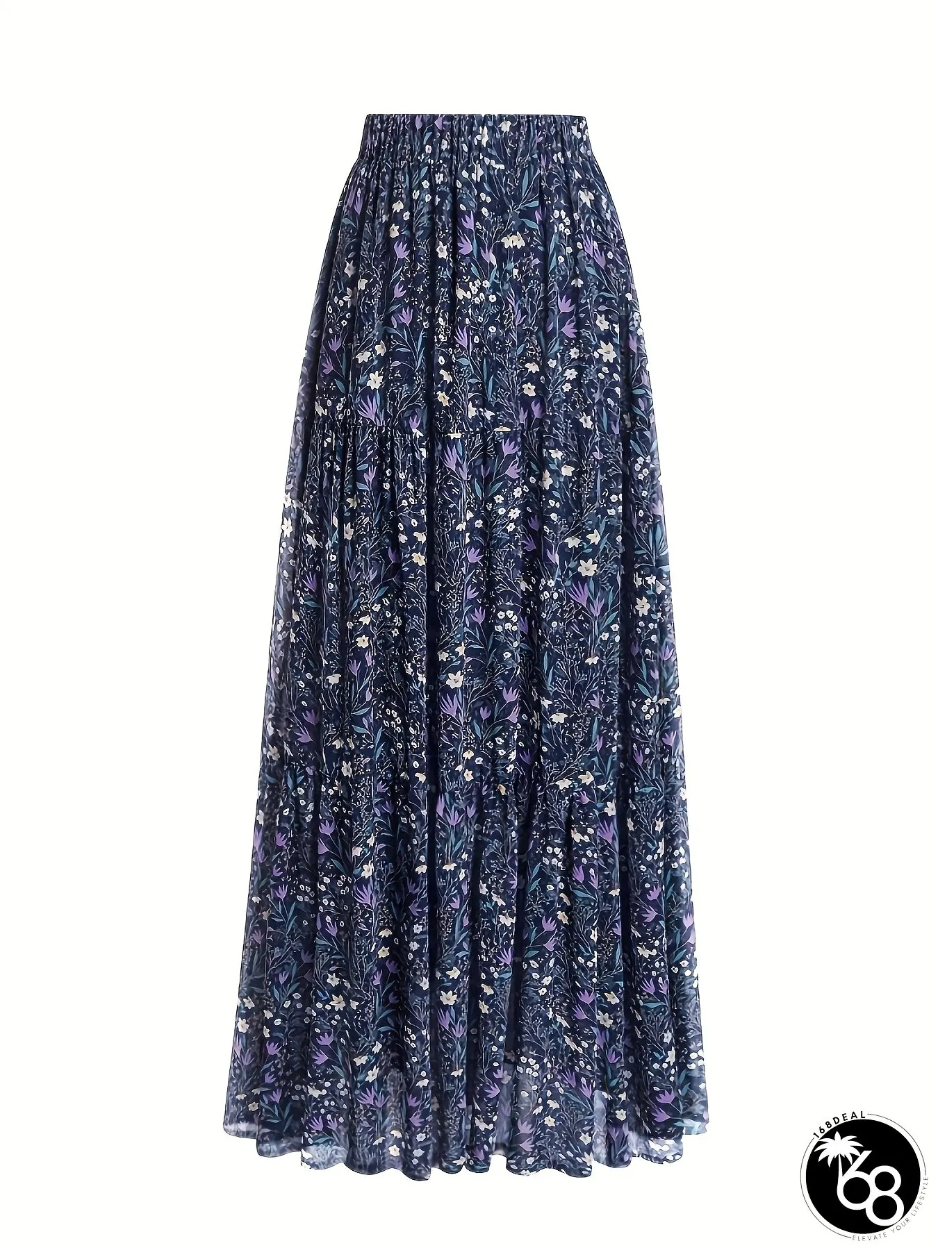 Womens Elegant Floral Print Maxi Skirt with Mesh Overlay Loose Fit All-Over Pleated Hem | 168DEAL
