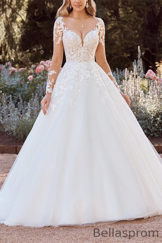 Bellasprom Long Sleeves V-Neck Princess Wedding Dress With Lace Appliques Bellasprom