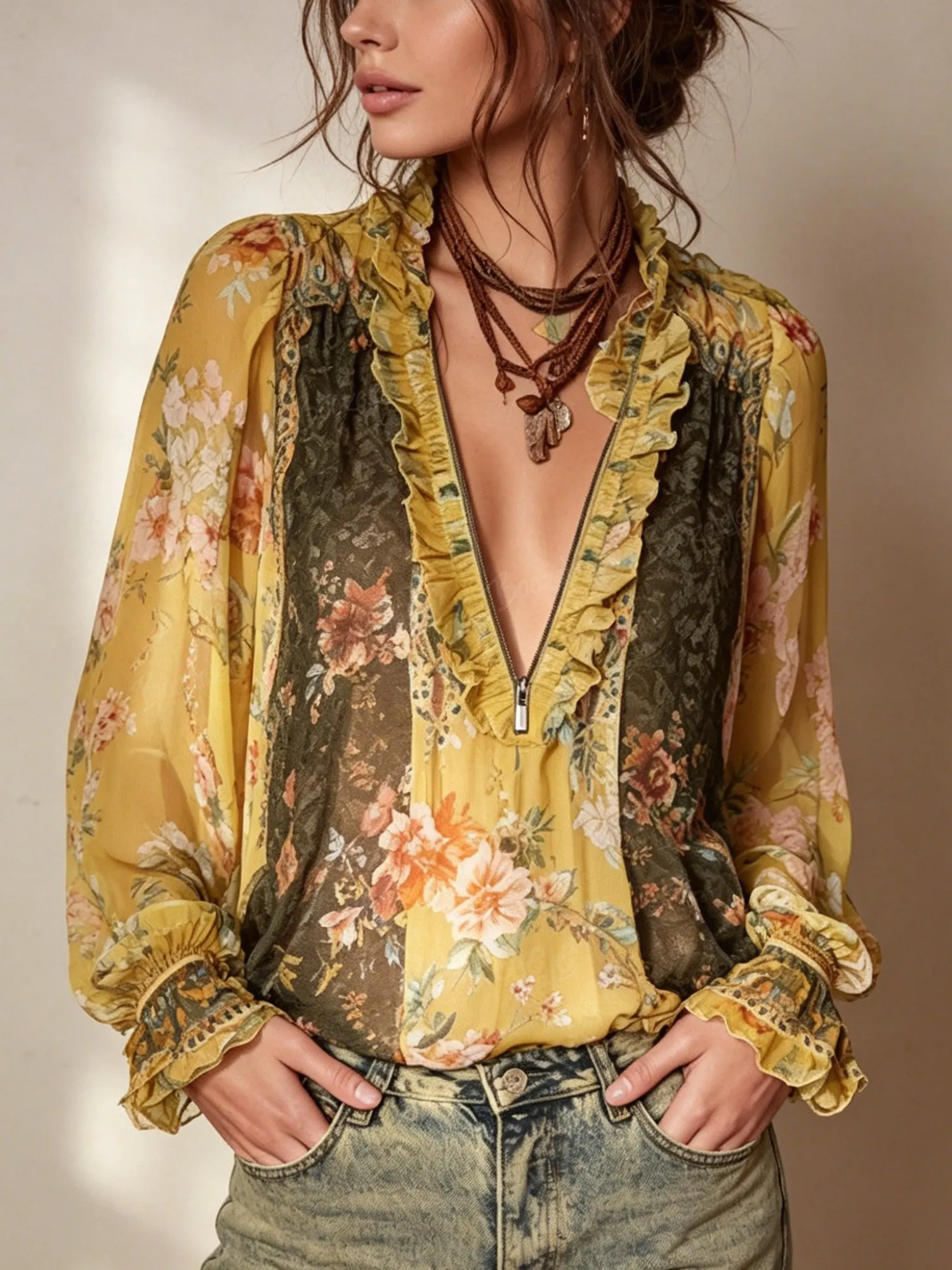 Great for Boho Chic Weekend Getaways &mdash; Women's Vintage Floral, Zipper Plunging Neckline & Smocked Cuffs, Soft Mesh Chiffon, Long Sleeve Shirt