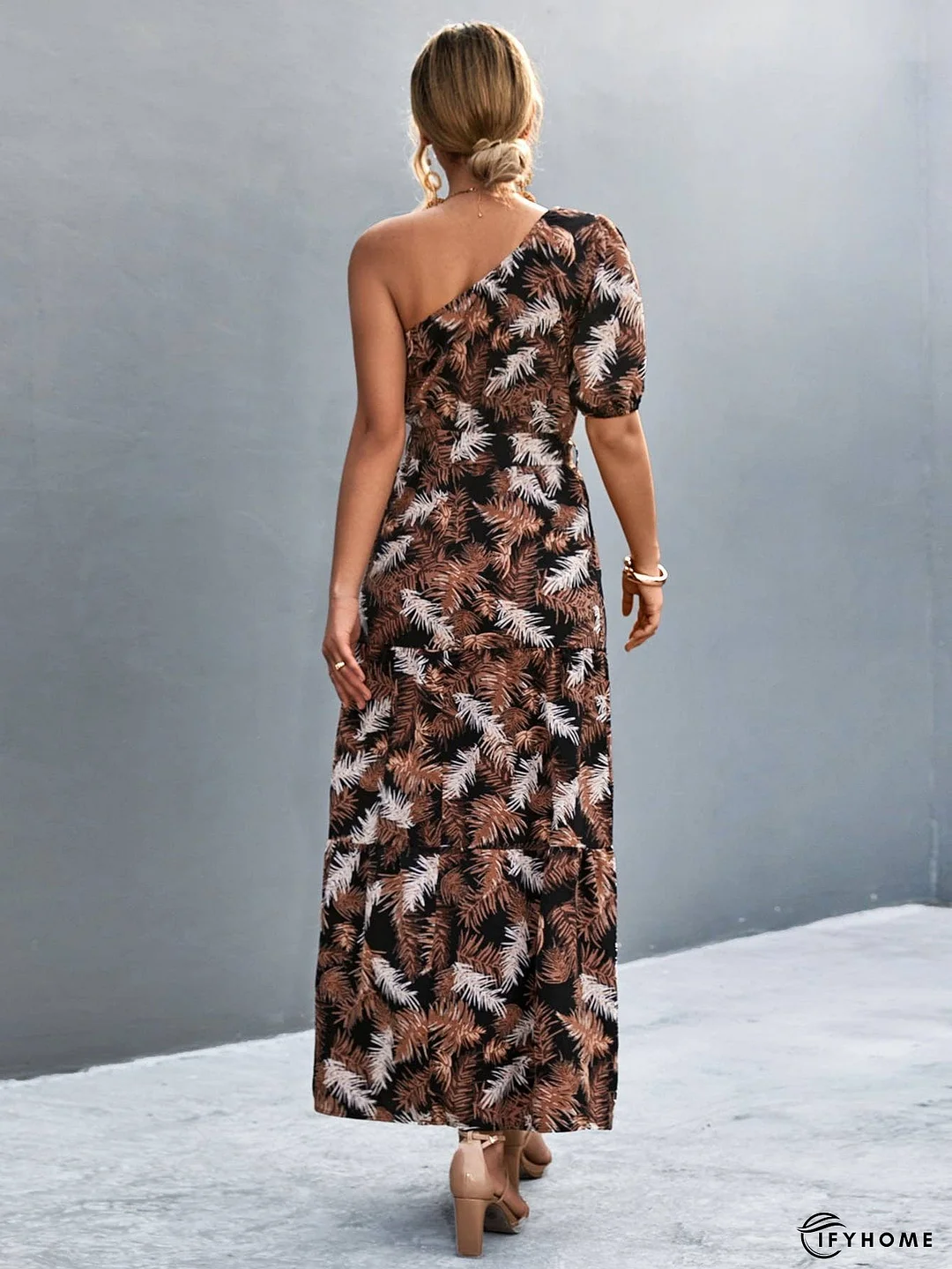 Printed Tie Waist One Shoulder Maxi Dress | IFYHOME
