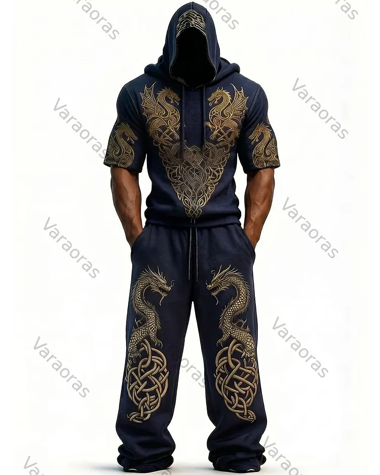 Men's Fashion Viking Contrast Color Embroidered Hoodie & Pants Two-Piece Set 6098